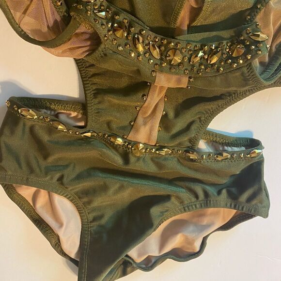 Custom solo dance costume leotard embellished olive green gold rhinestone SA - Picture 6 of 13